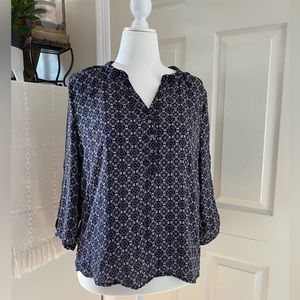 Cacharel Blouse Blue Geometric 3/4 Sleeve